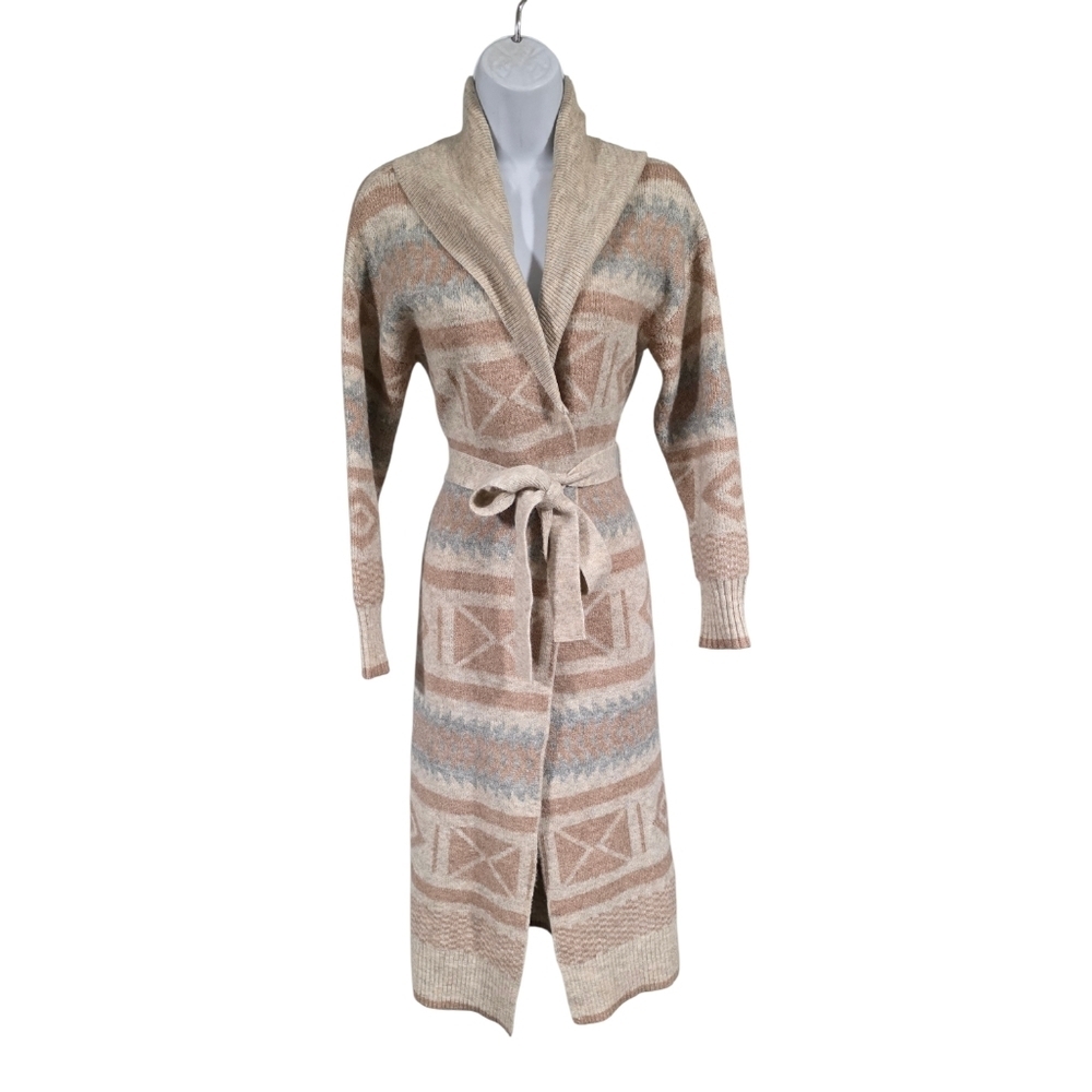 London Kaye Southwestern Belted Longline Cardigan Sweater Coat Cream Gray S/M - Picture 3 of 5